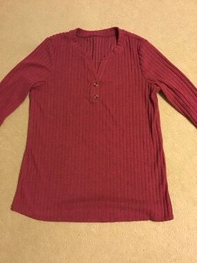 Women's Ribbed Henley long sleeve shirt- wine red